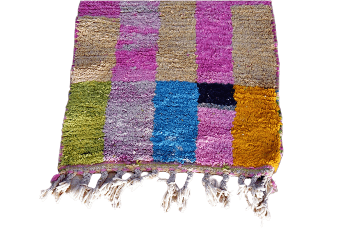 Abstract blue lilac orange moroccan runner rug wool tassels
