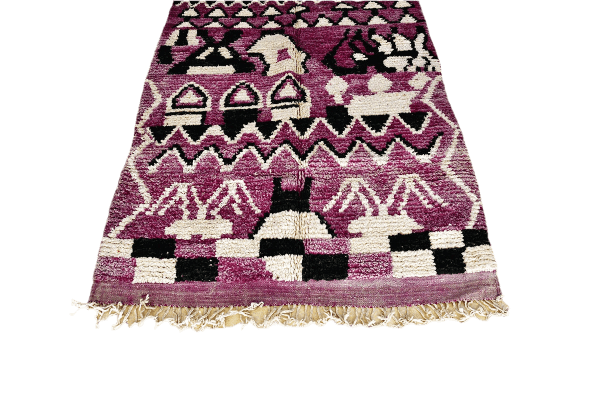 Abstract moroccan purple black area rectangle rug tassels