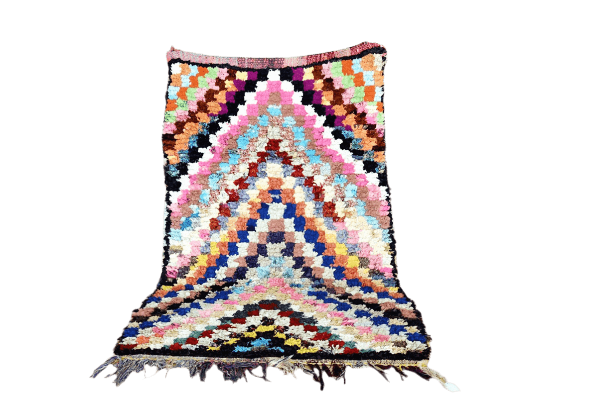 Arrow square pink purple blue Moroccan rag rug boucherouite standing