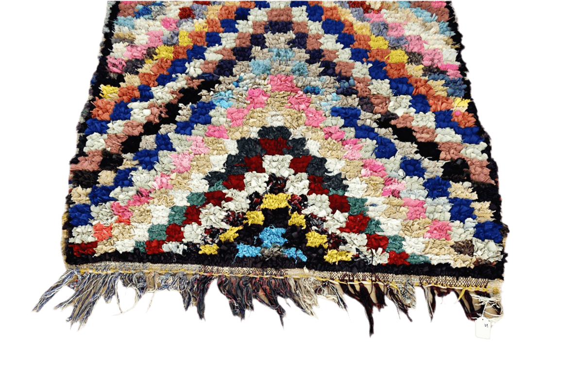 Arrow square pink purple blue Moroccan rag rug boucherouite tassels