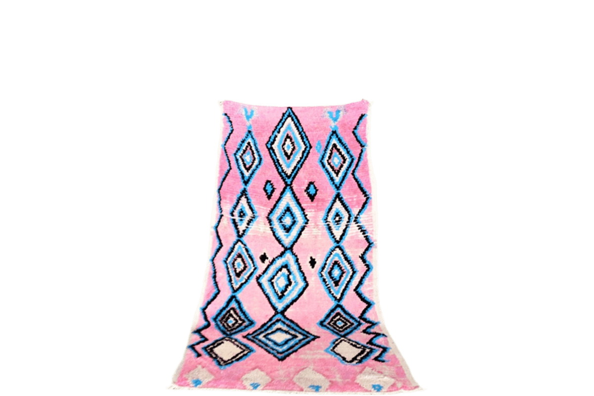 Baby pink blue diamonds vintage boujaad rug standing
