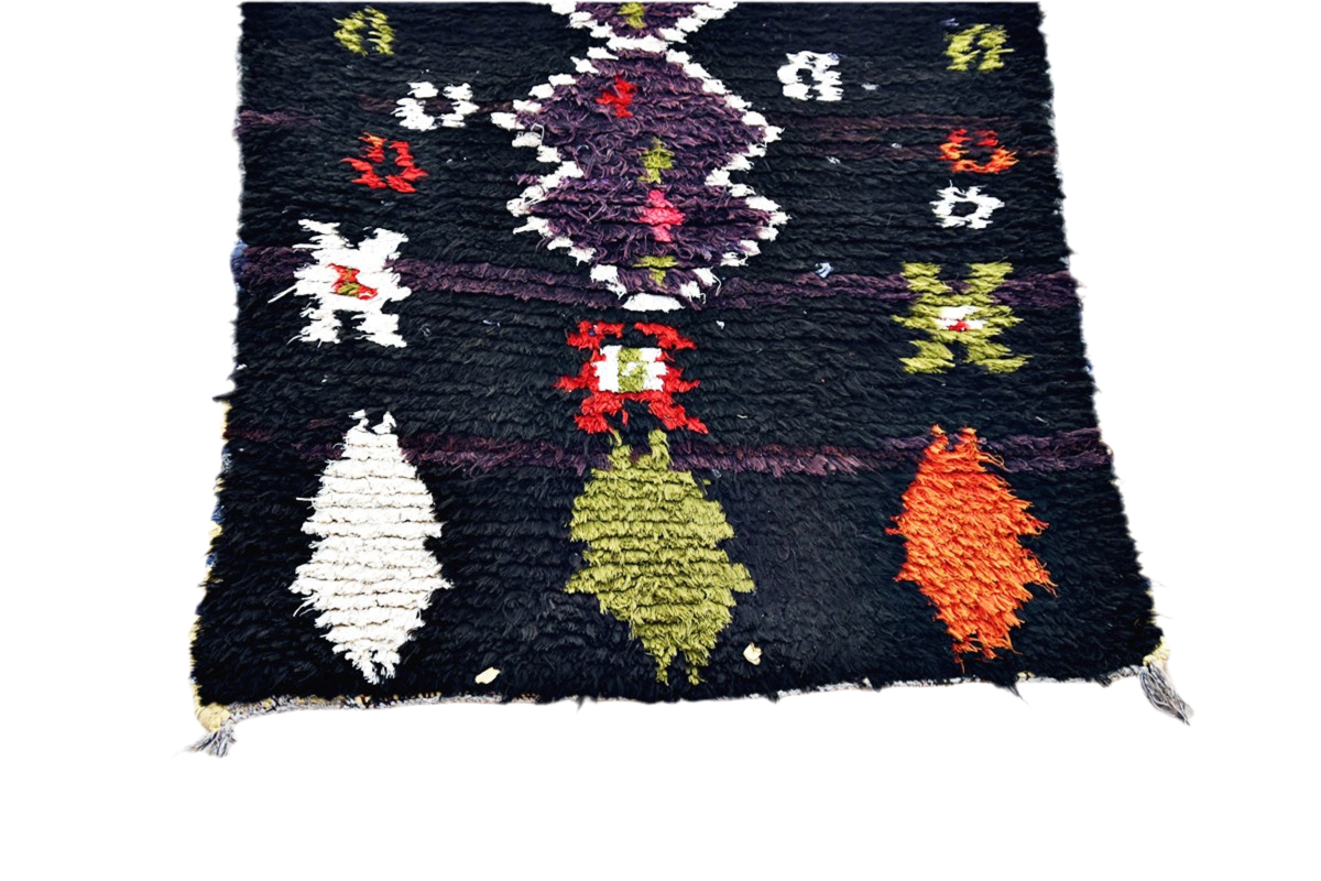 Black purple green moroccan boucherouit rug morocco outdoor