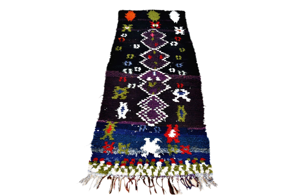Black purple green moroccan boucherouit rug morocco outdoor full