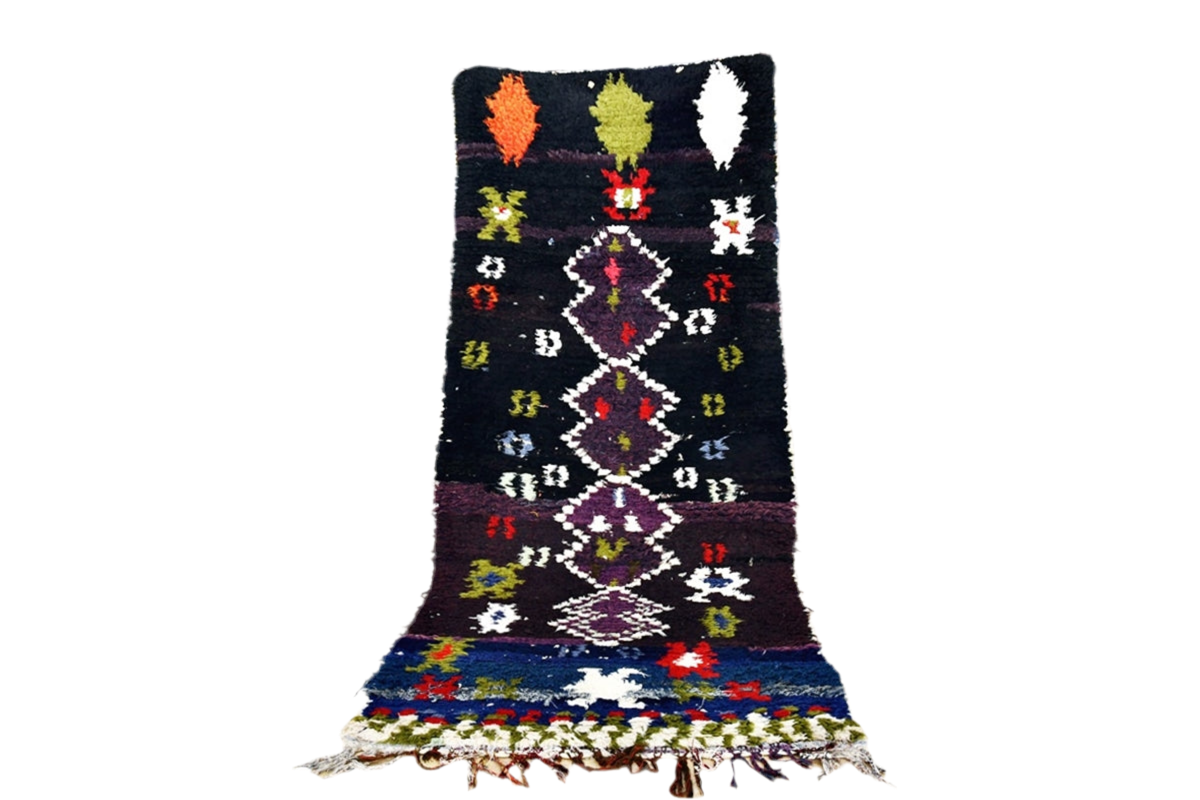Black purple green moroccan boucherouit rug morocco outdoor standing