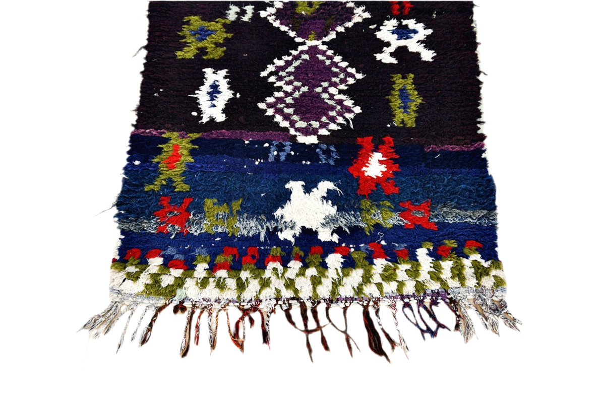 Black purple green moroccan boucherouit rug morocco outdoor tassels
