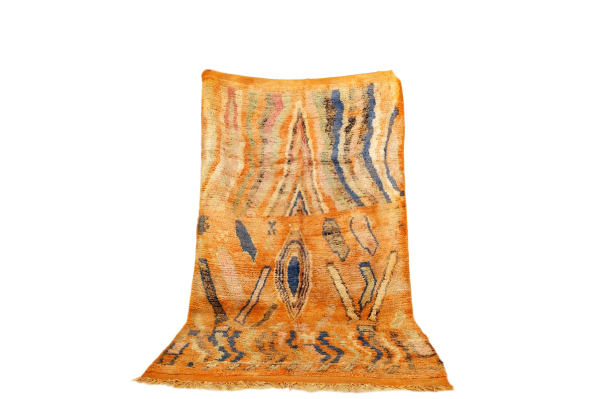 Blue orange Moroccan rectangle rug boujaad standing