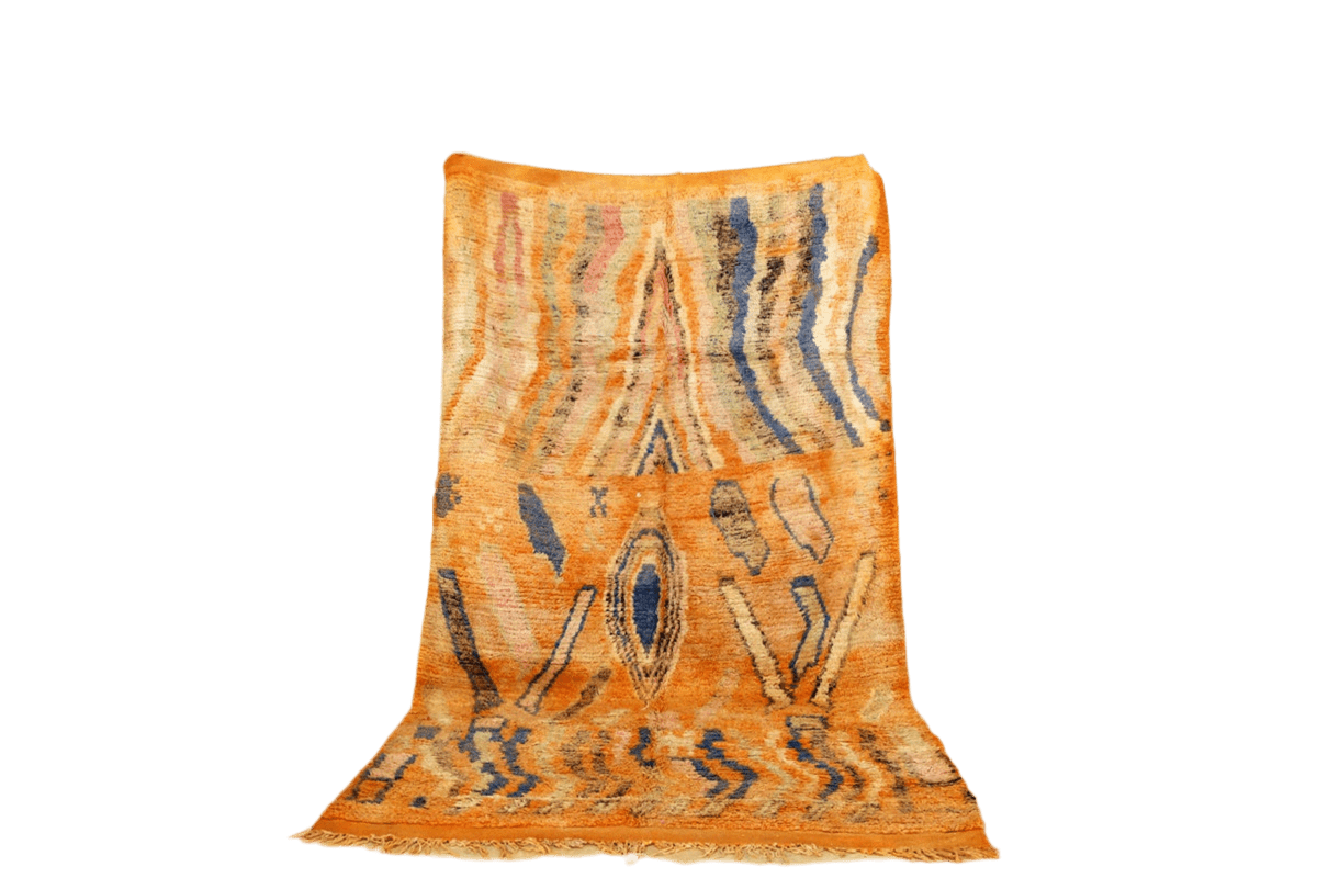 Blue orange Moroccan rectangle rug boujaad standing