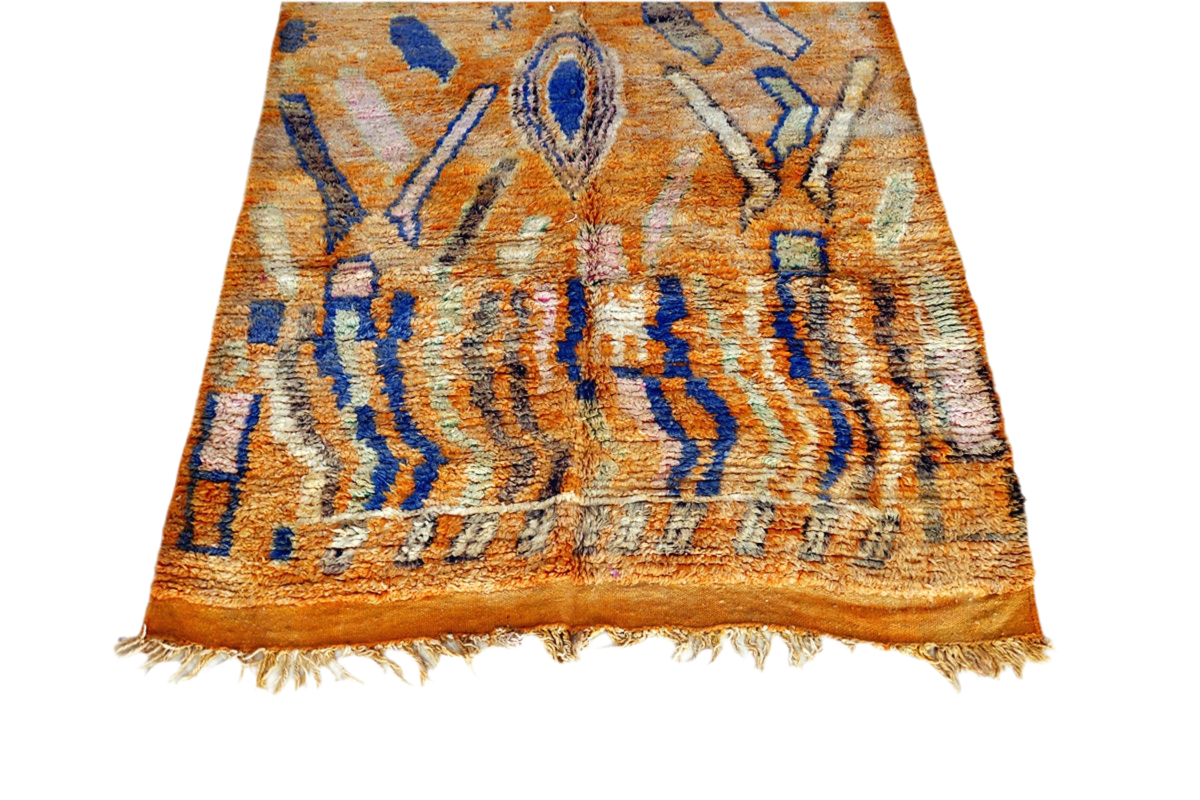 Blue orange Moroccan rectangle rug boujaad tassels