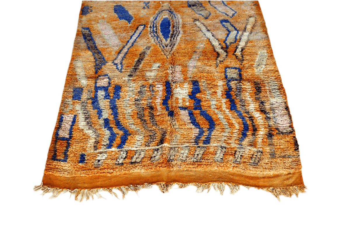 Blue orange Moroccan rectangle rug boujaad tassels