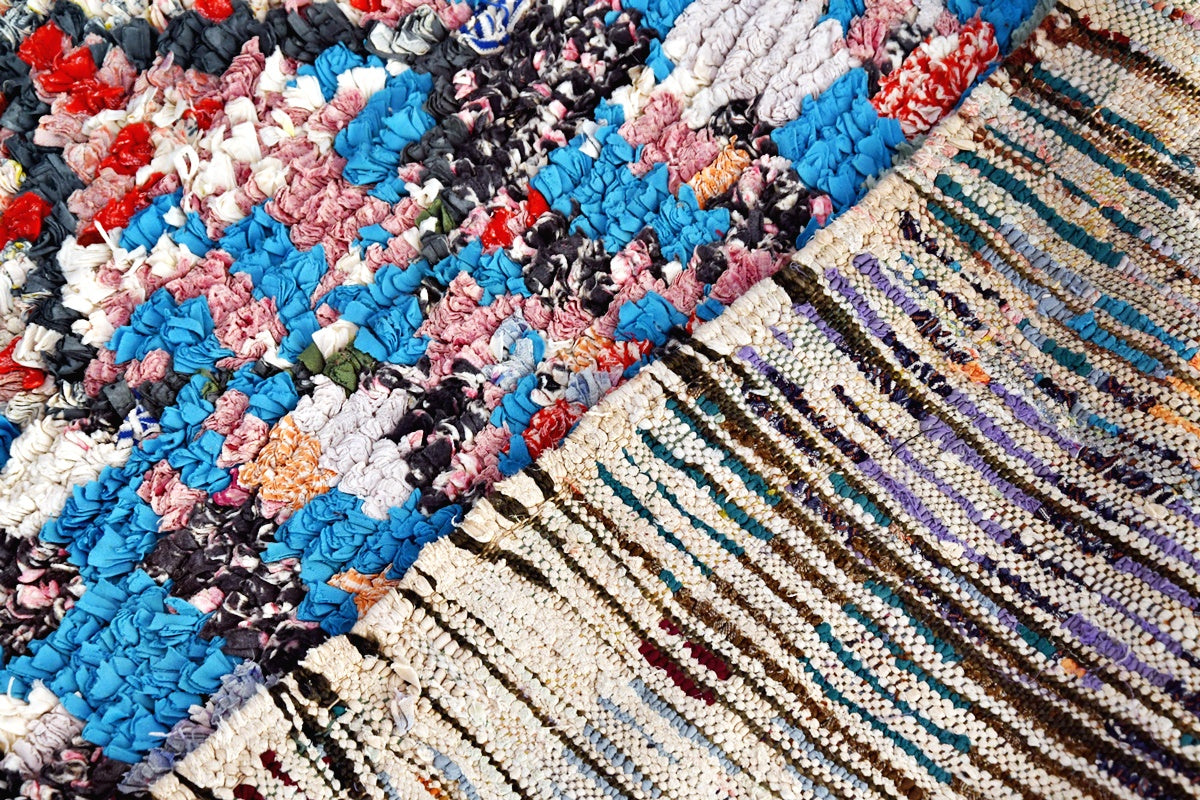 Blue red purple moroccan boucherouite top runner rag rug Close up