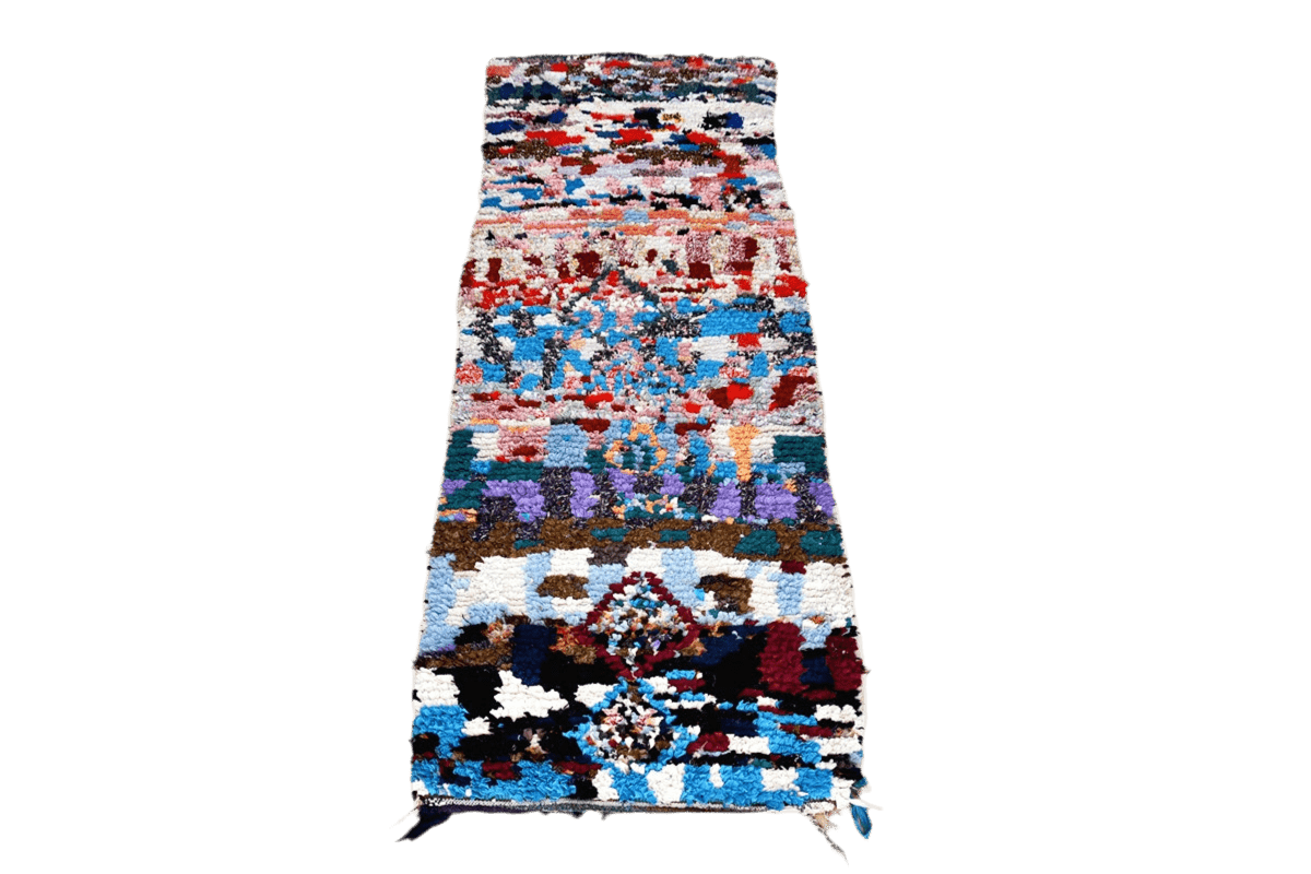 Blue red purple moroccan boucherouite top runner rag rug Standing 1