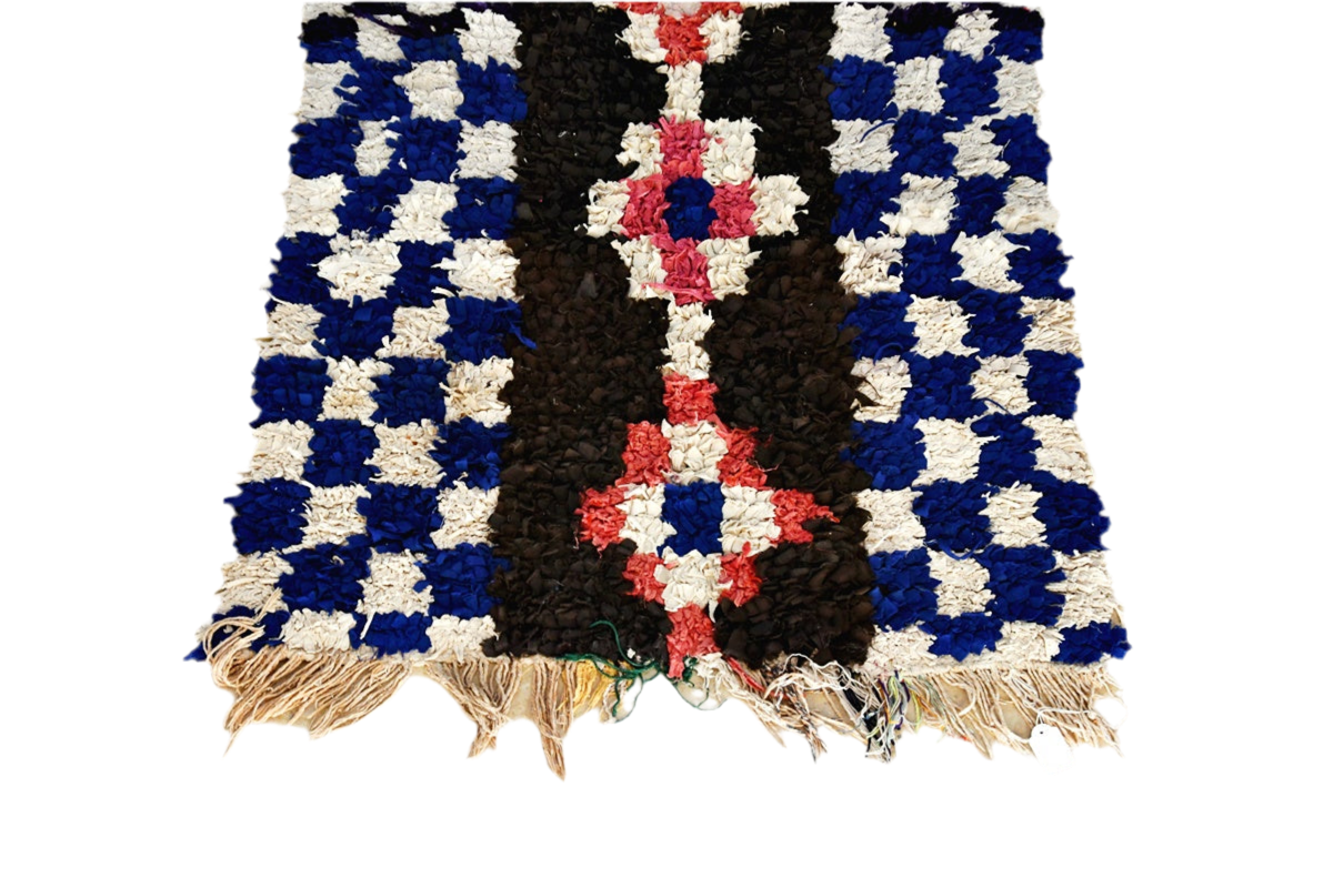 Blue white checker boucheoruite runner rug cosy tassels