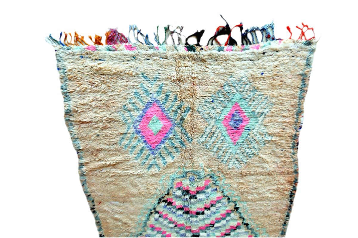 Boho moroccan vintage boujaad rug botton tassels