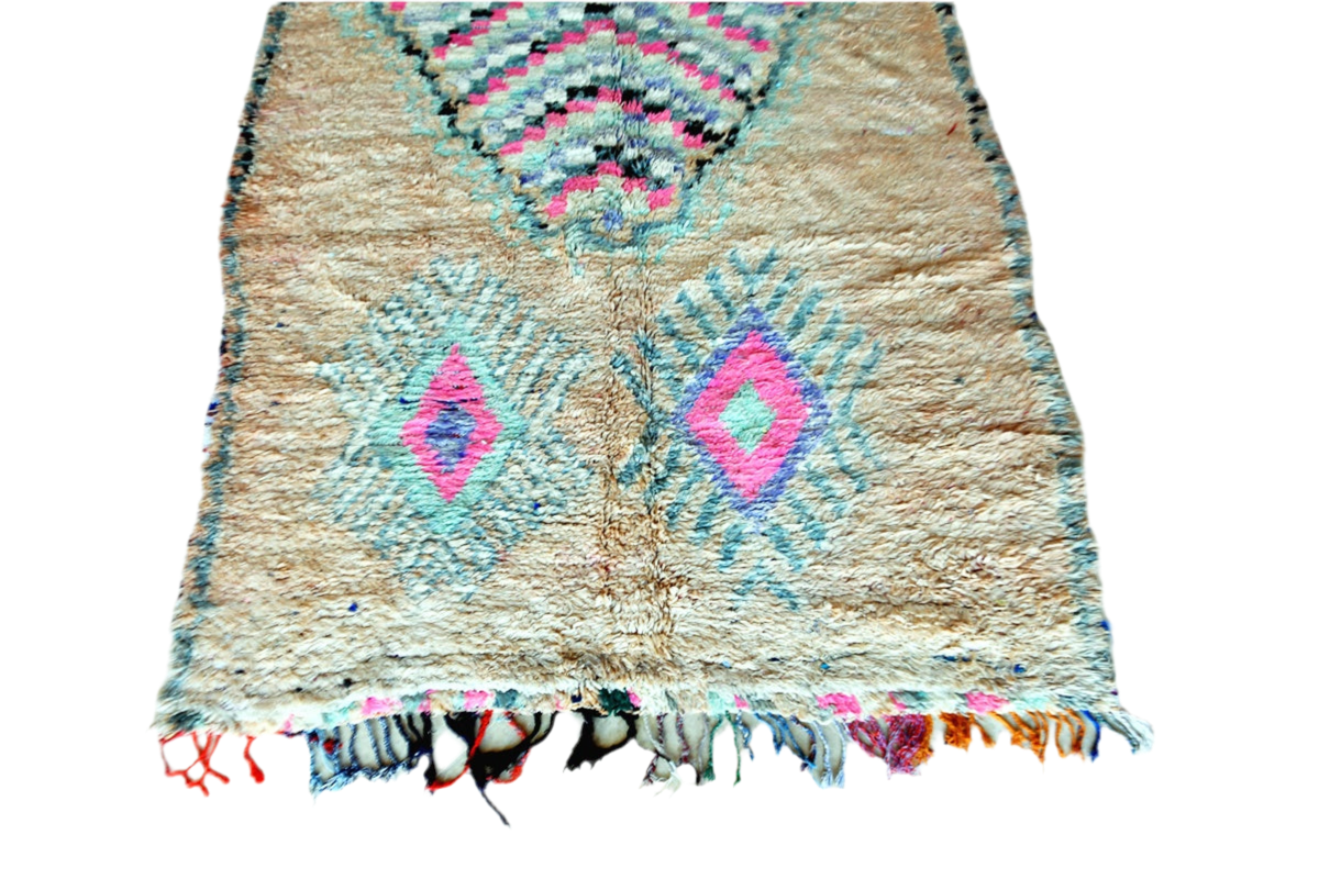Boho moroccan vintage boujaad rug botton tassels