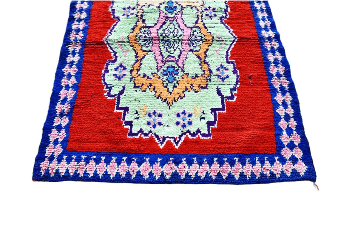 Bright red blue Moroccan boucherouite rag rug