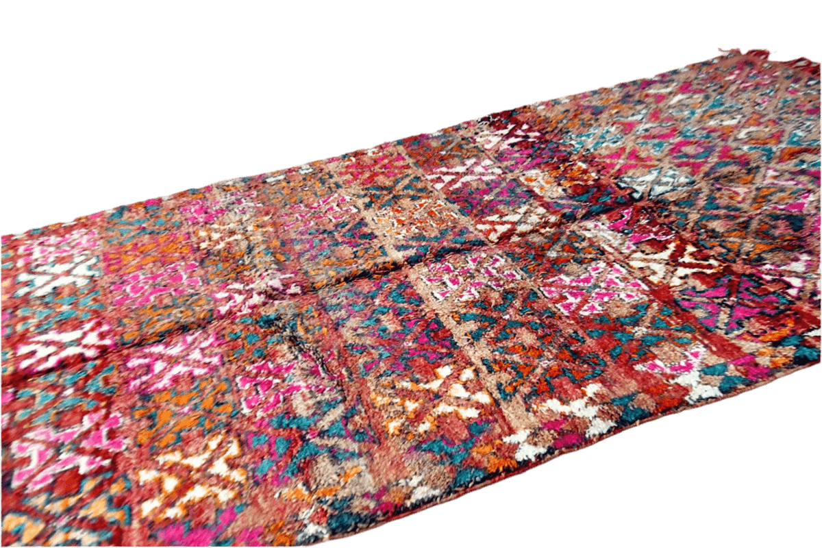 Bright red pink green vintage moroccan zemmour rug