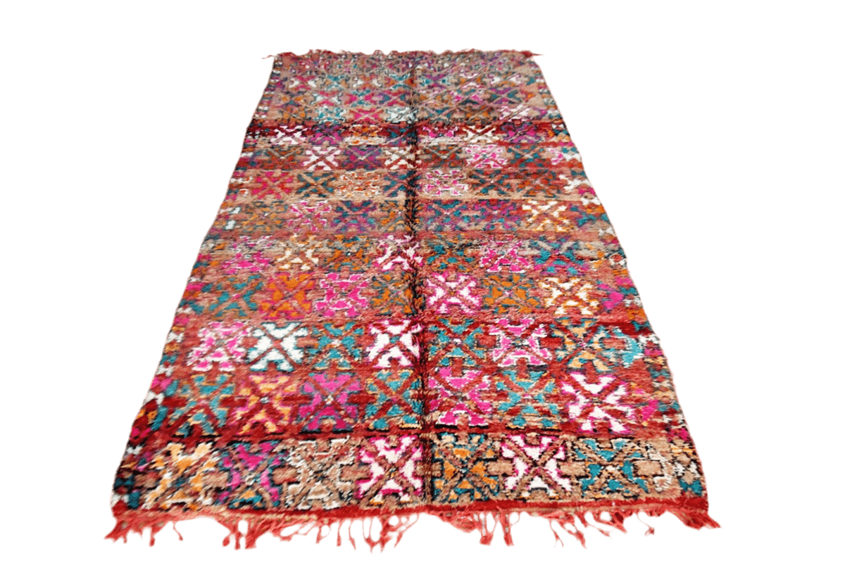 Bright red pink green vintage moroccan zemmour rug front