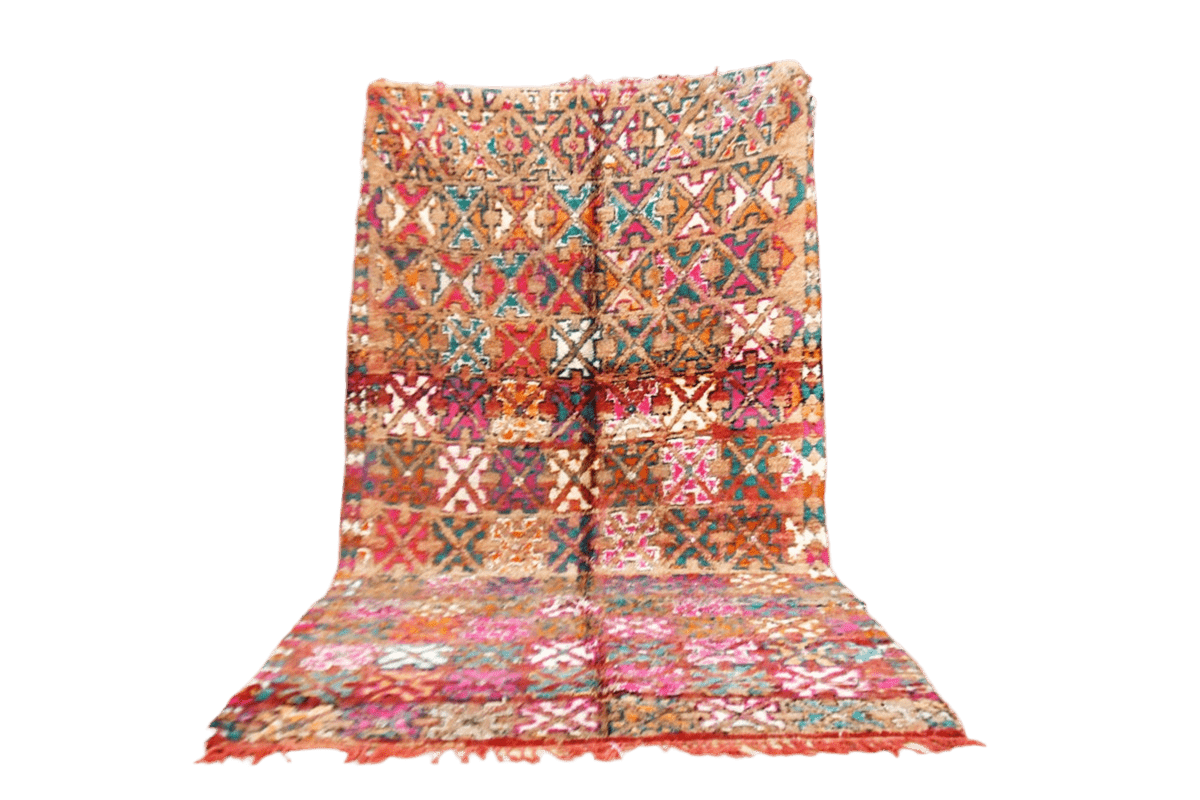 Bright red pink green vintage moroccan zemmour rug standing