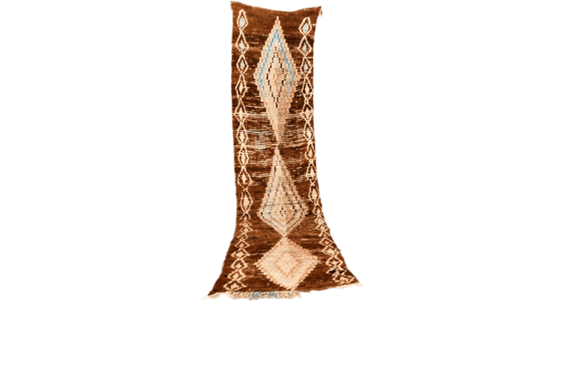 Brown white blue vintage moroccan boujaad runner rug standing