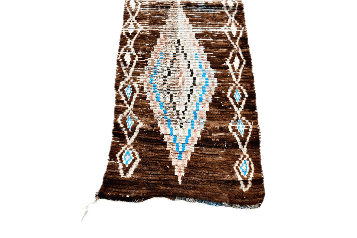 Brown white blue vintage moroccan boujaad runner rug top