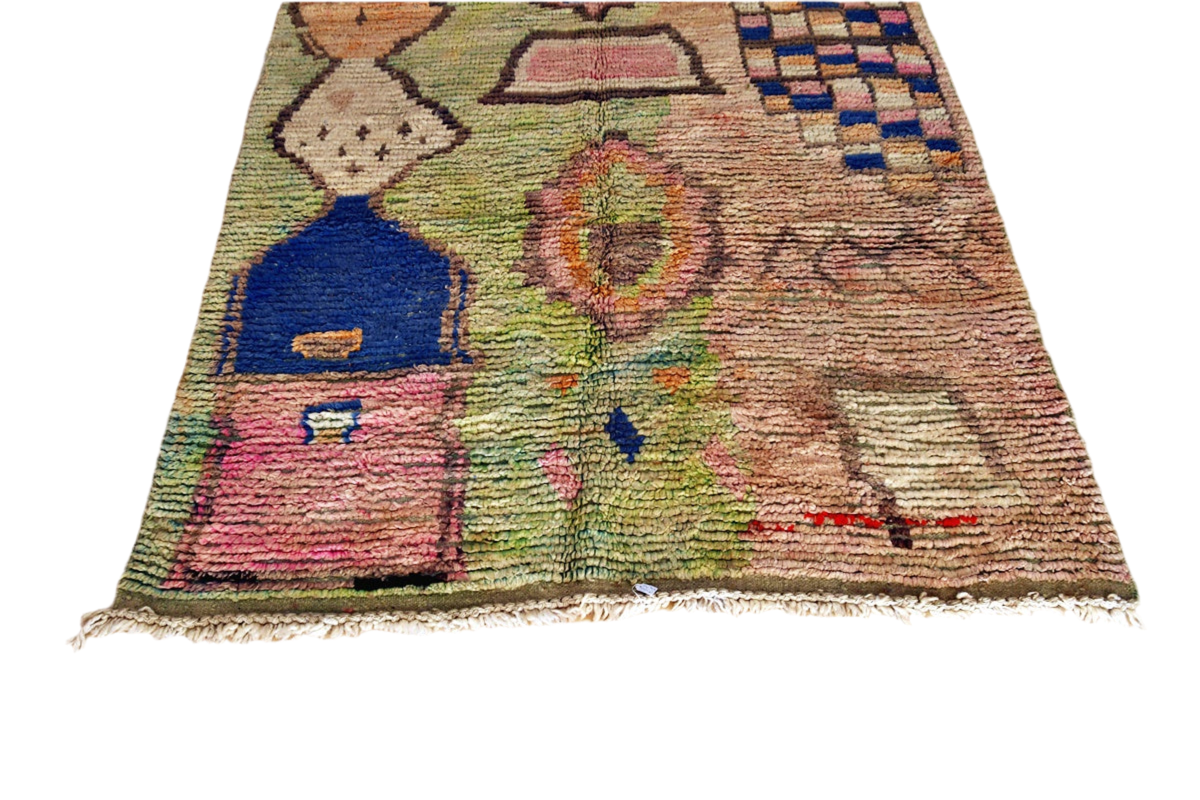 Green blue pink Moroccan boujaad area rug