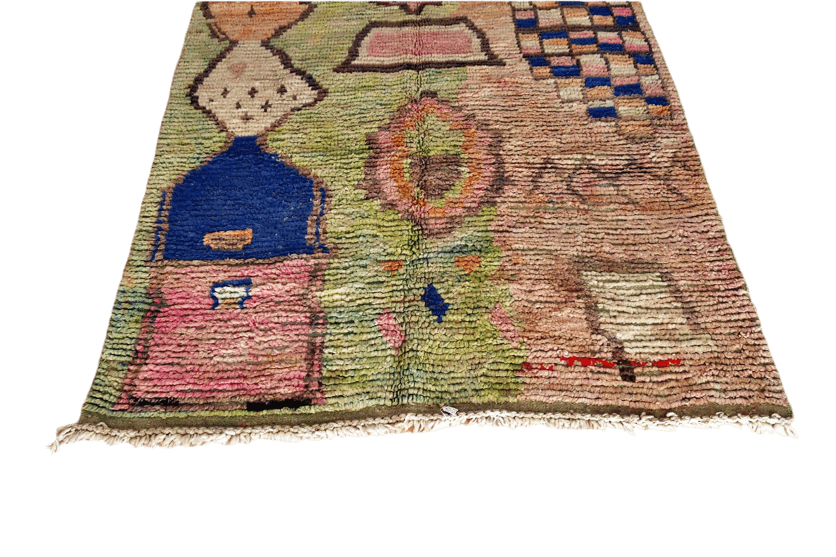 Green blue pink Moroccan boujaad area rug