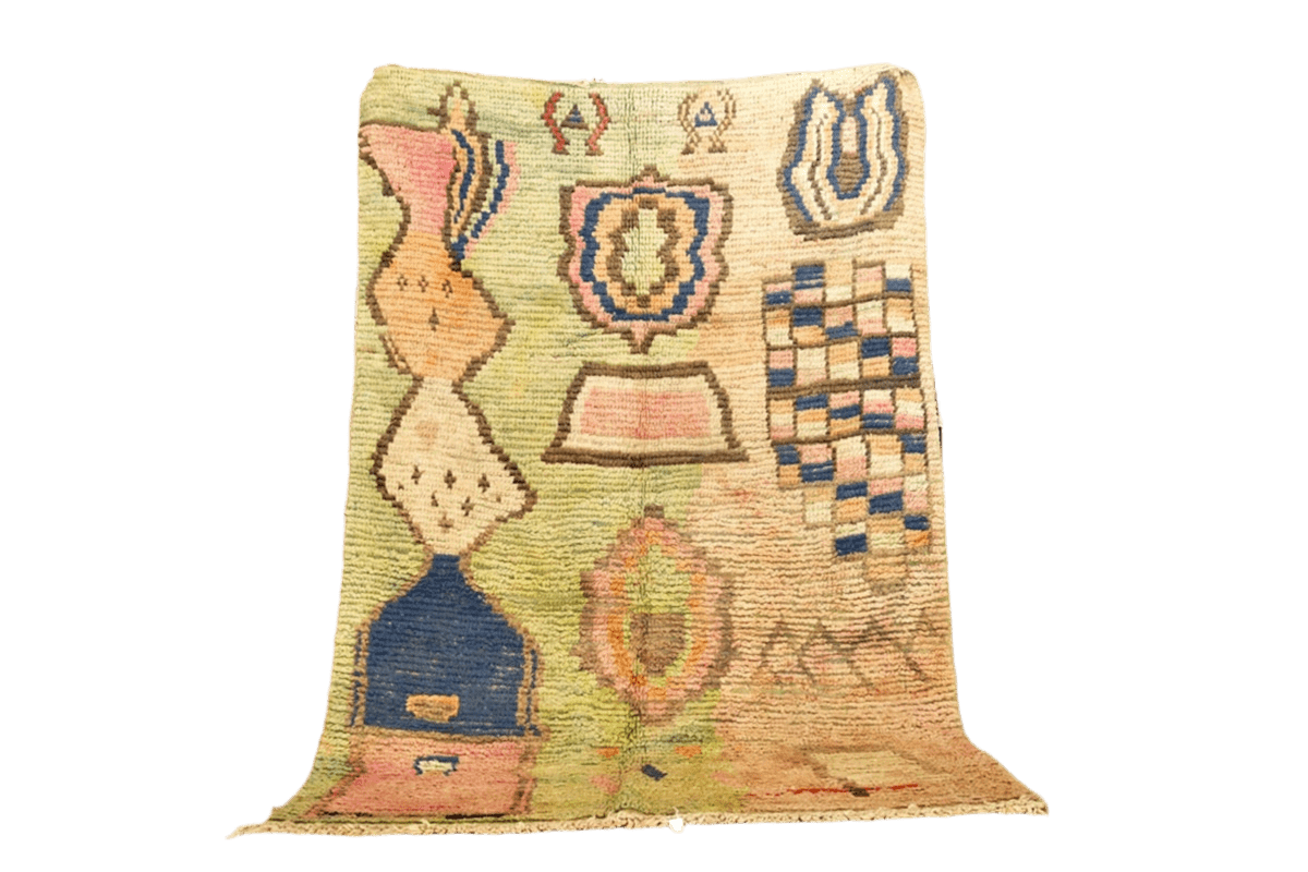 Green blue pink Moroccan boujaad area rug standing