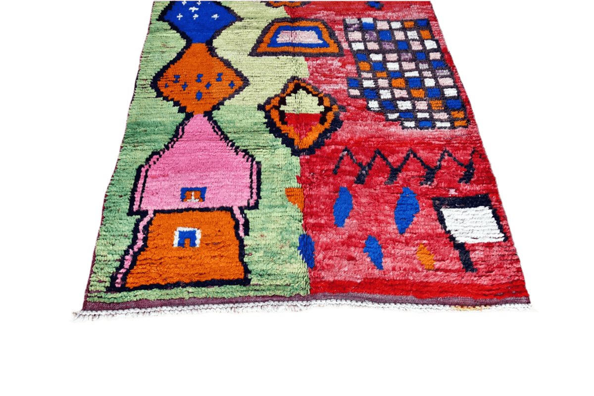 Green red blue moroccan indoor rug boujaad rectangle tassels