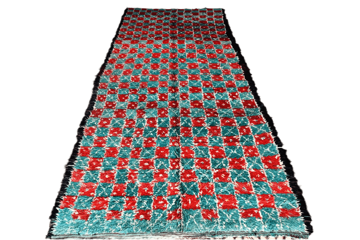 Green red checker intage marmoucha moroccan rug front