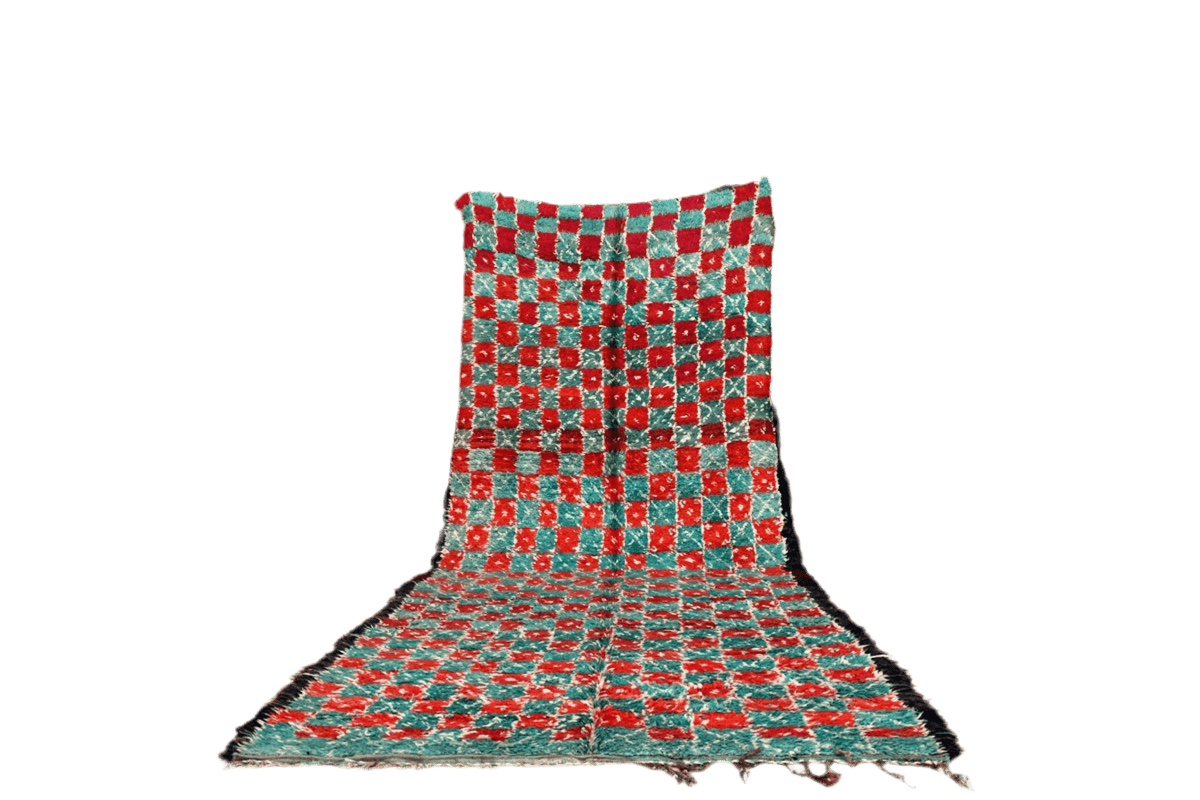 Green red checker intage marmoucha moroccan rug standing