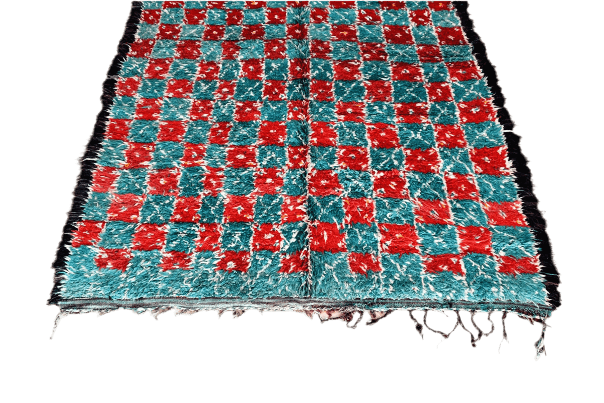 Green red checker intage marmoucha moroccan rug top