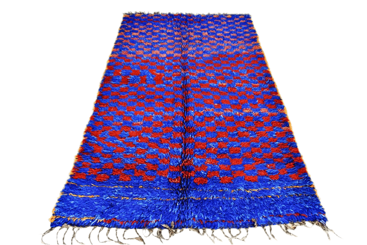 Indigo blue checker vintage beni mguild rug front