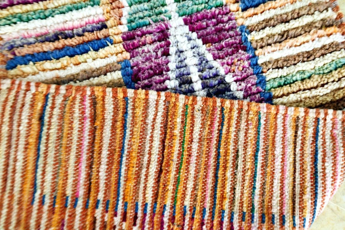 Morocan boujaad runner wool rug stripped purple pink back
