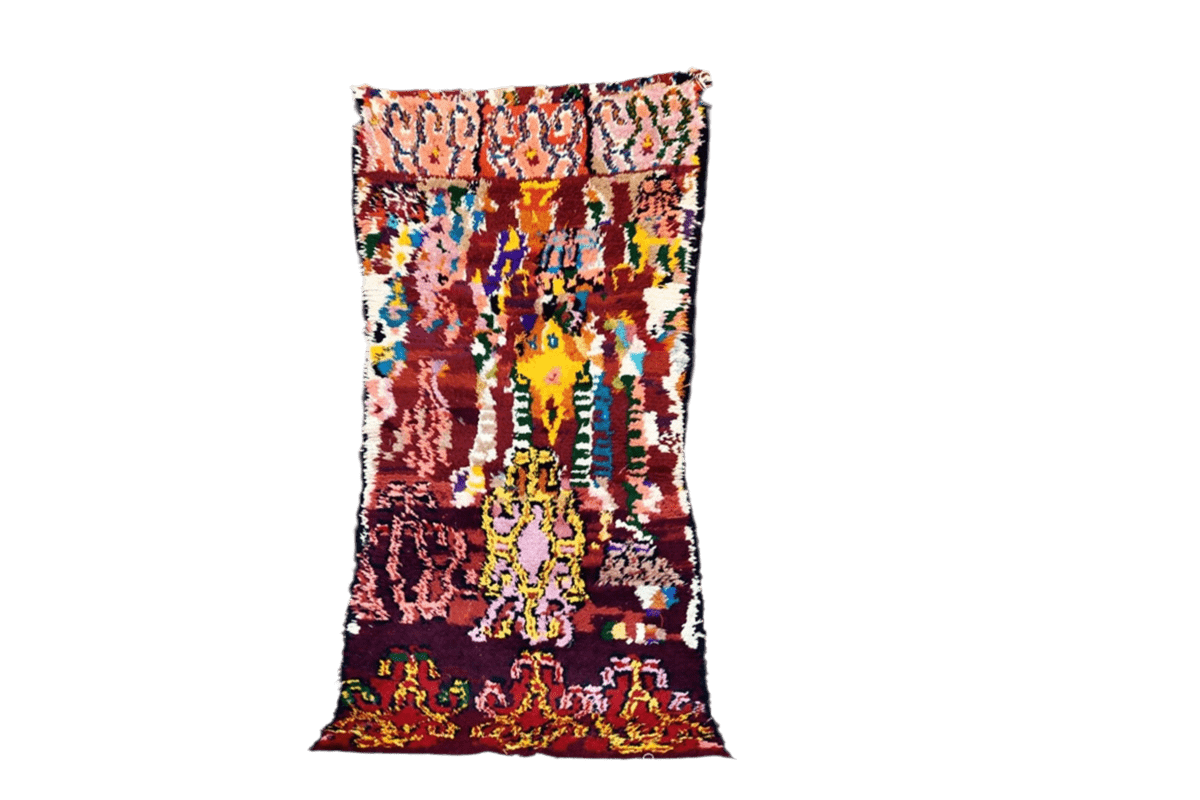 Moroon abstract moroccan boucherouite rag rug tassels full standing