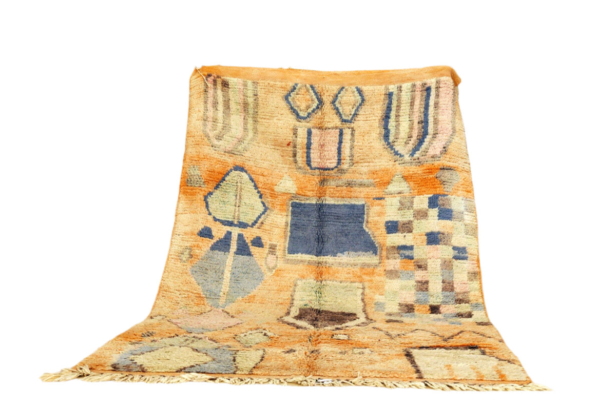 Orange blue abstract boujaad area rug standing