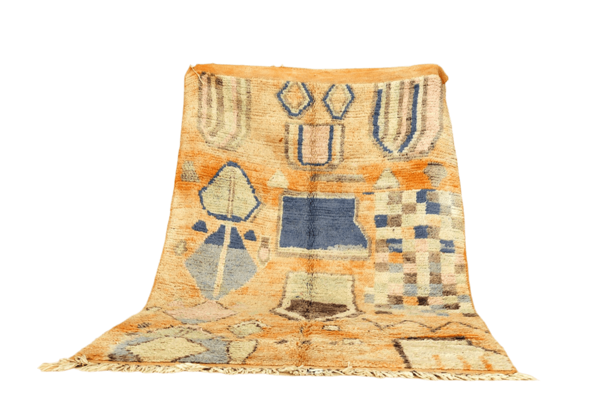 Orange blue abstract boujaad area rug standing