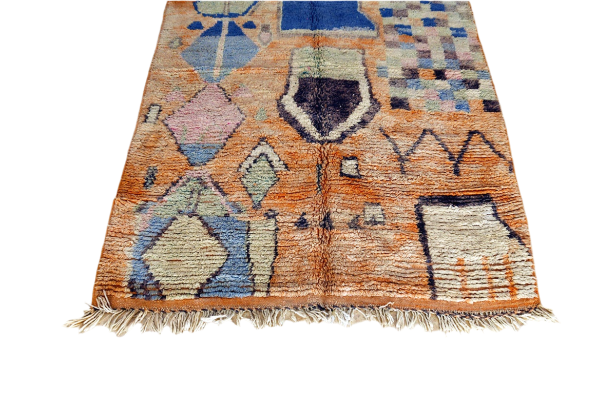 Orange blue abstract boujaad area rug tassels