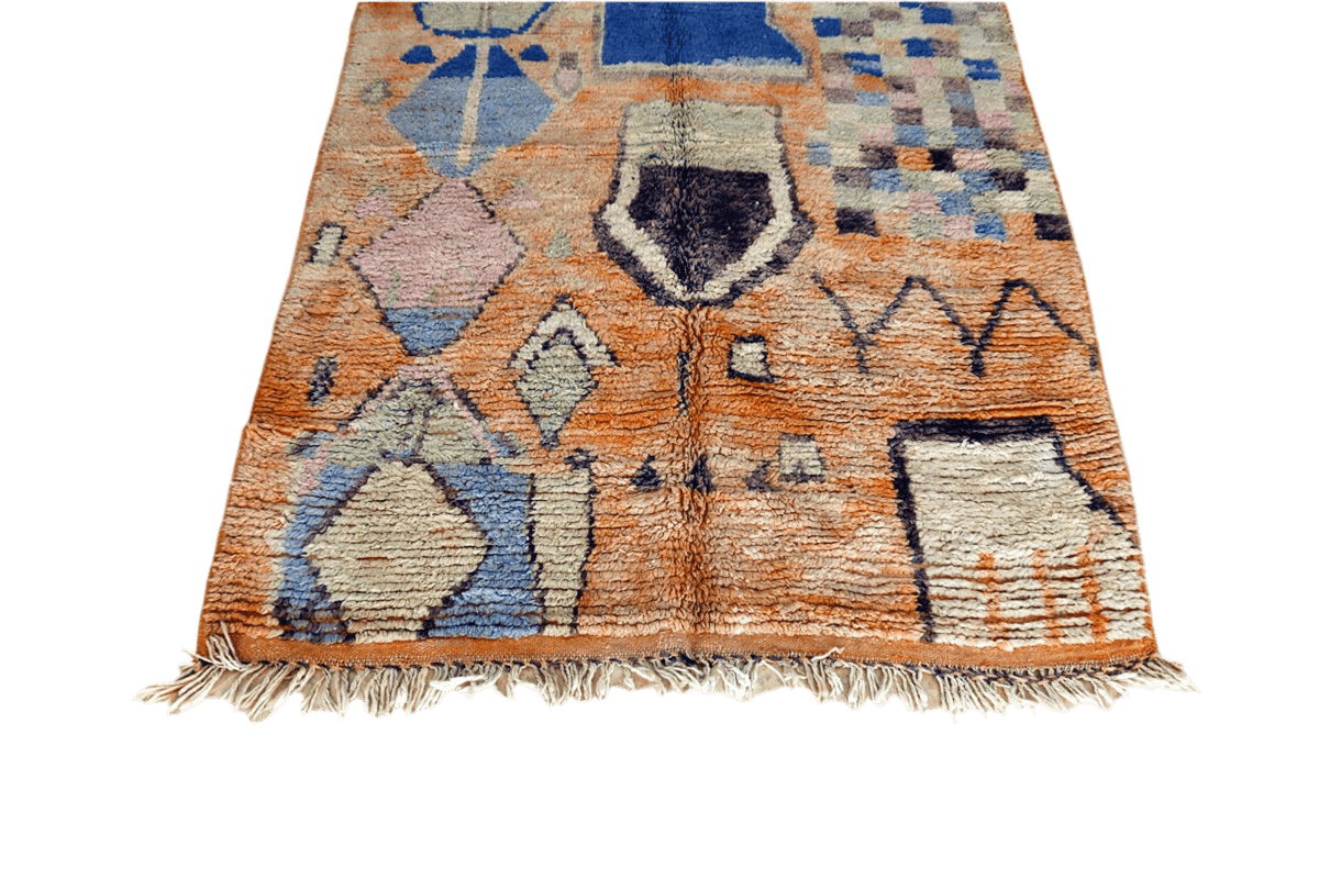 Orange blue abstract boujaad area rug tassels