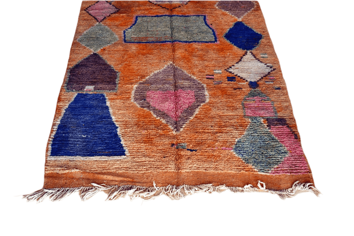 Orange blue abstract moroccan area rug fringe