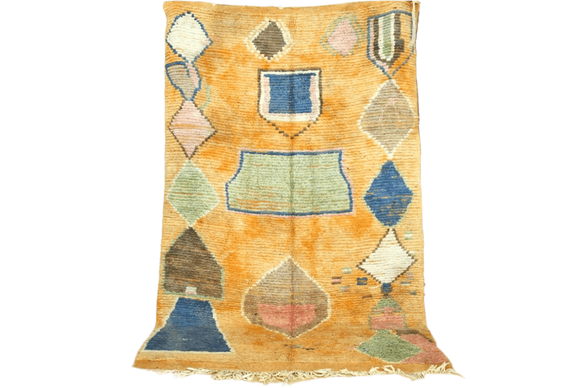 Orange blue abstract moroccan area rug standing