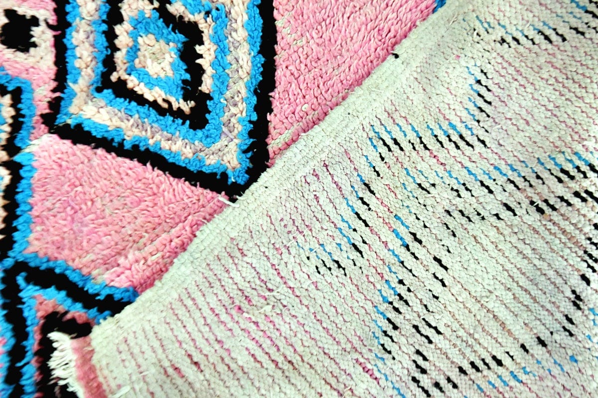 Pink Boujaad vintage runner rug with blue diamonds fback