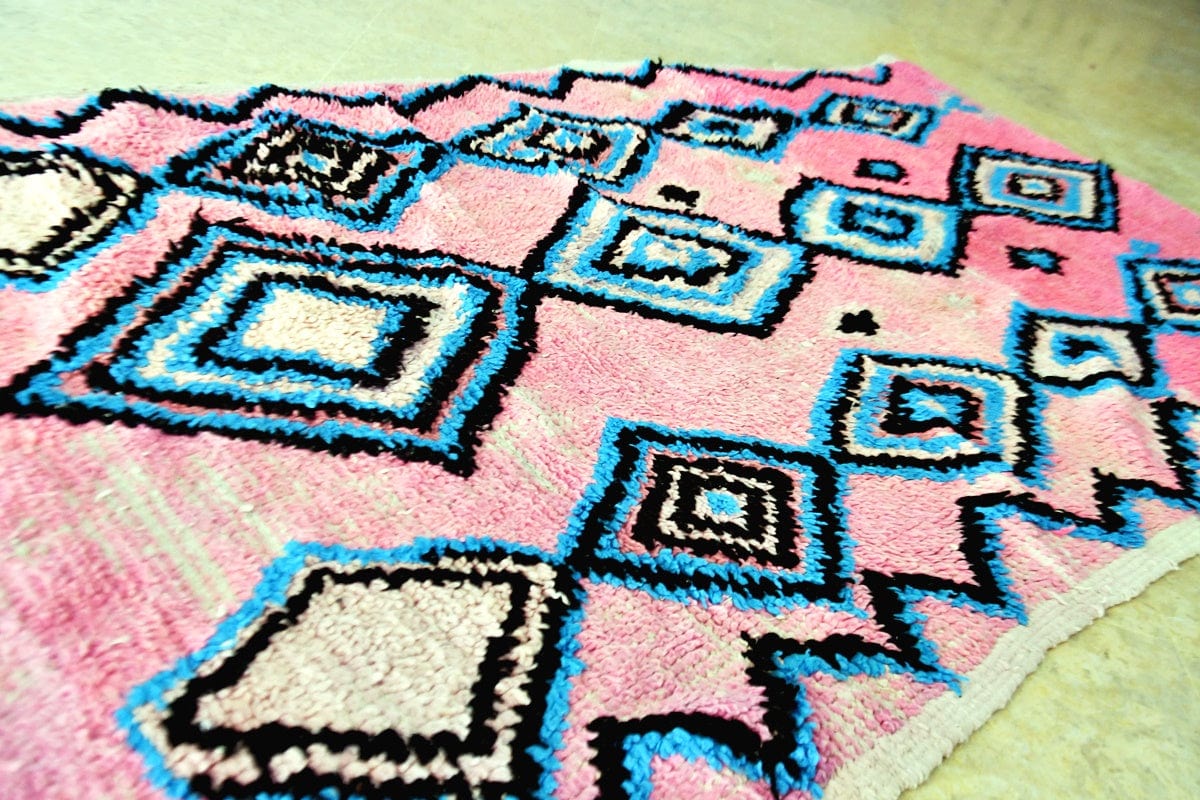 Pink Boujaad vintage runner rug with blue diamonds side