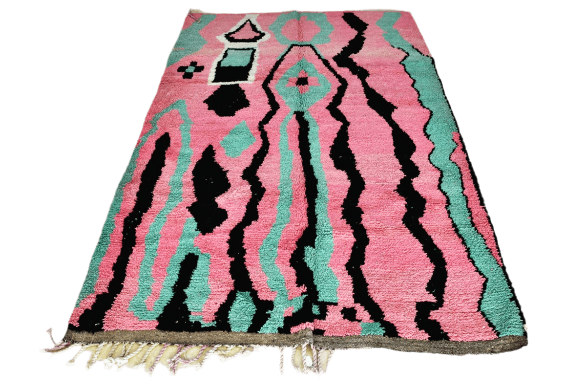 Pink black mint green boujaad moroccan rug front