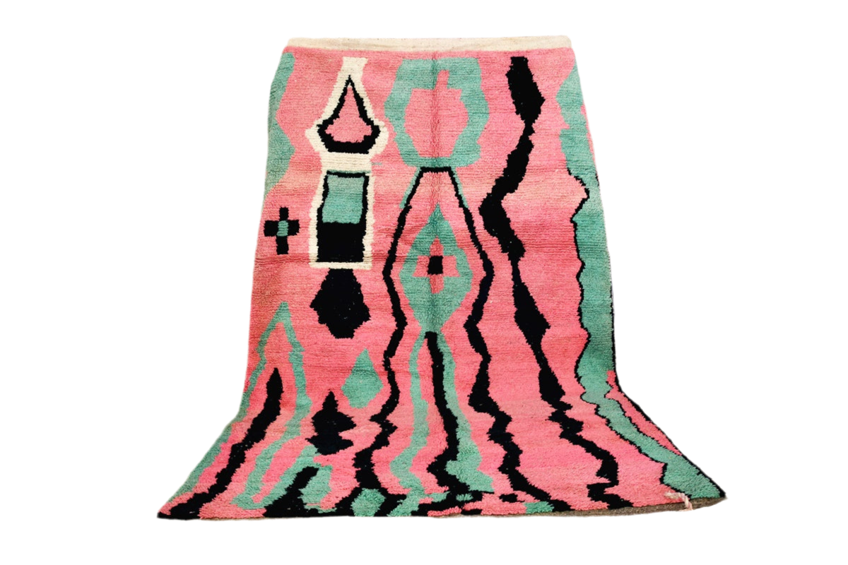 Pink black mint green boujaad moroccan rug front standing