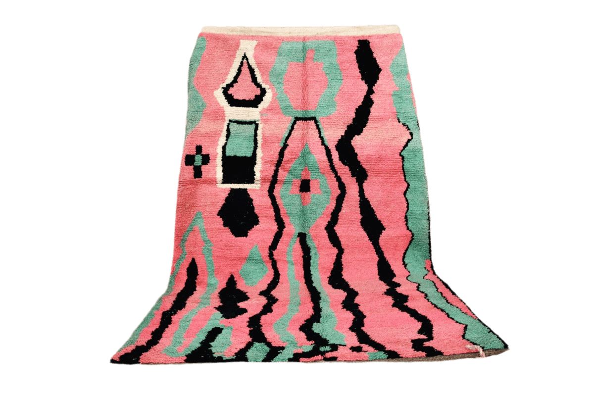 Pink black mint green boujaad moroccan rug front standing