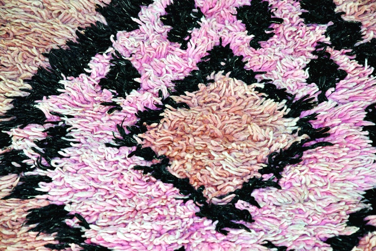 Pink black vintage Moroccan runner rug plush close up
