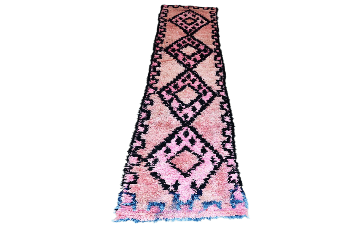 Pink black vintage boujaad moroccan runner rug front