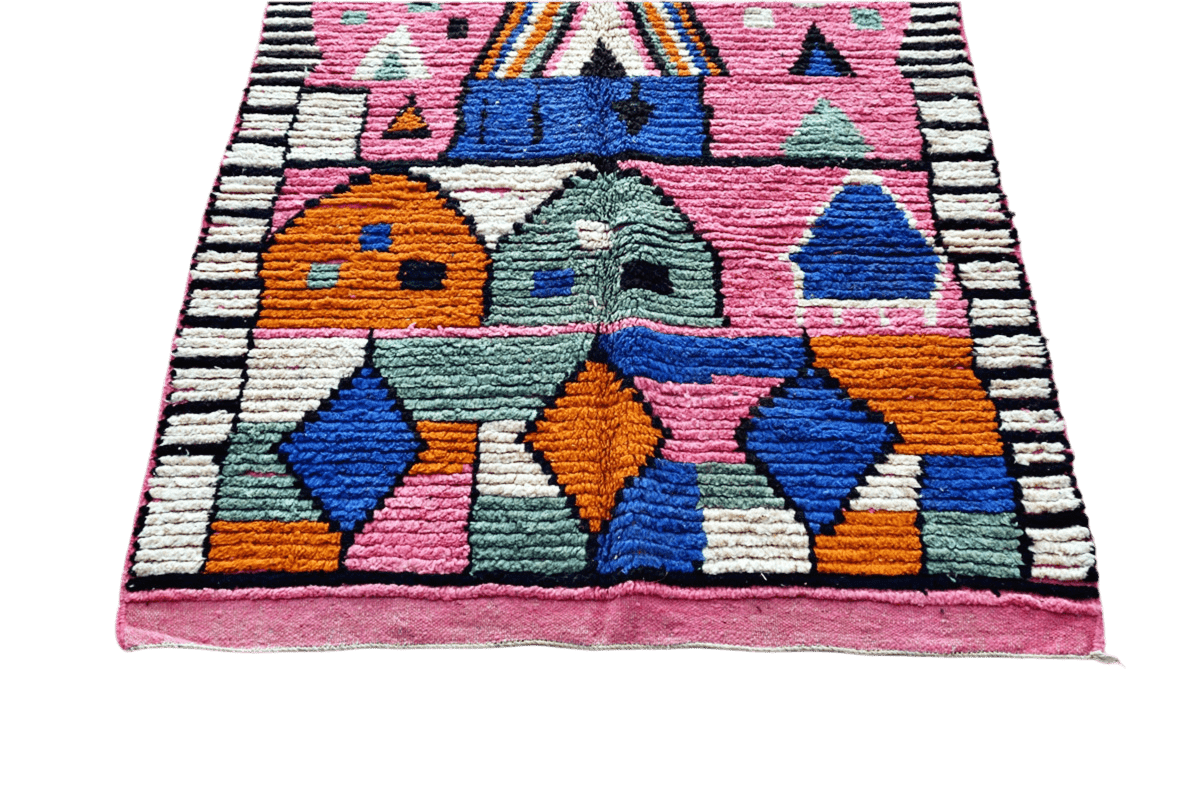Pink blue orange abstract boujaad area rug morocco