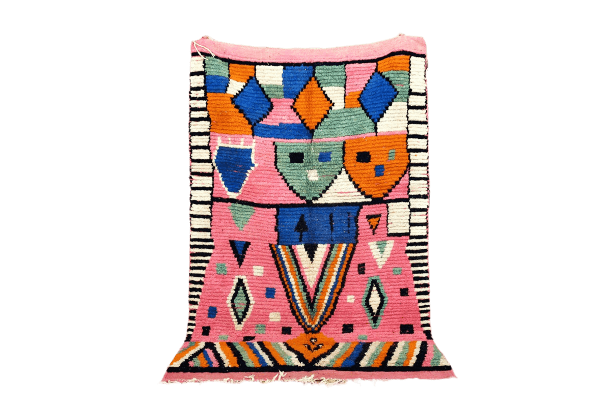 Pink blue orange abstract boujaad area rug morocco standing