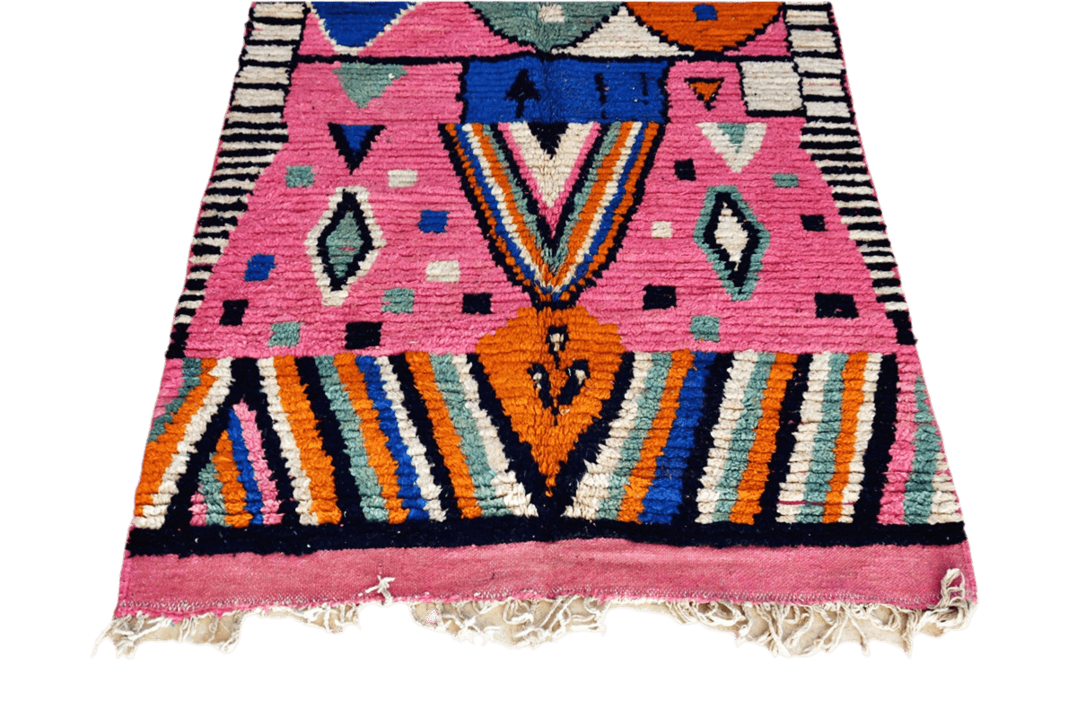 Pink blue orange abstract boujaad area rug morocco tassels